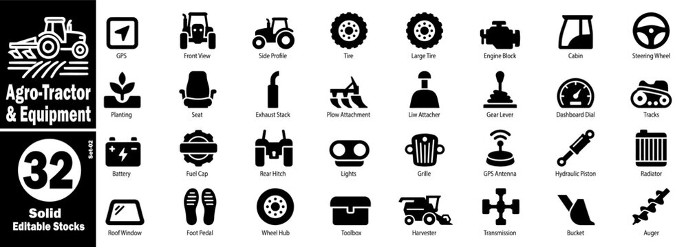 Agriculture machinery solid icons. Featuring tractor components set vector illustration.