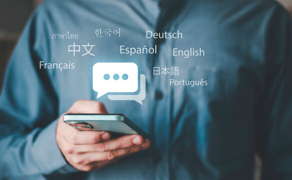 Business person using smartphone with AI translate assistant interface, multilingual chat communication, global language translation technology and real time messaging support on mobile application.