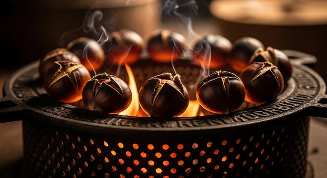 Chestnuts roasting over an open fire in a cast iron pan.