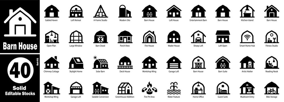 Barn house icons set. Solid editable stocks set vector illustration.