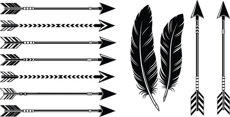 Tribal arrows and feathers silhouettes vector illustration set, boho decorative elements collection, black design isolated on white background © Asha Moni