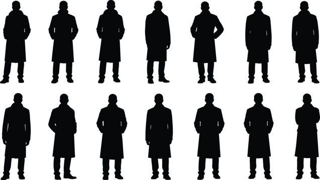 Men trench coat silhouettes collection, standing male figures in long coats, black stylish people icons set for fashion, vector design