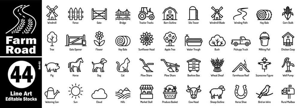 Farm road line art icons, windmill, fence, gate, bridge, tractor, barn silo, and mail vector illustration.