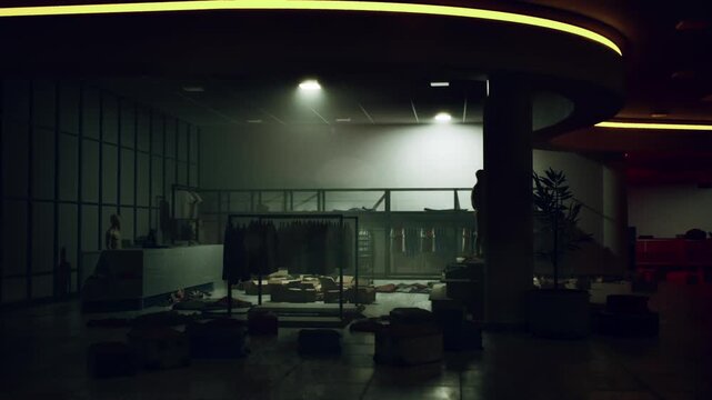 A store is in disarray after thieves wreaked havoc inside. Clothes are scattered on the floor, and shelves stand empty in the dimly lit space following the chaotic robbery.