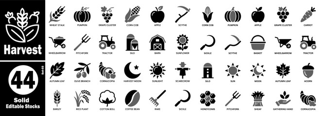 Solid harvest icons for agricultural design and farming infographic vector illustration. © Hafiz