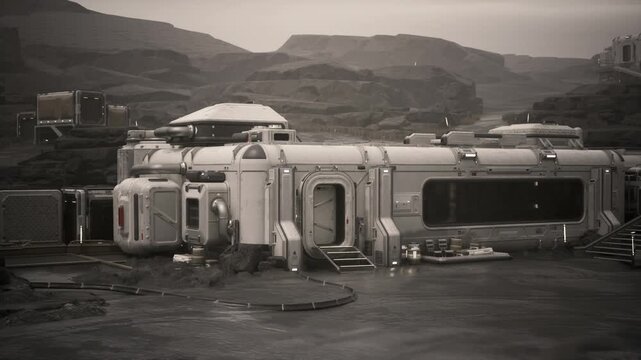 A colonist base sits on a distant planet, featuring advanced structures. The landscape reveals rugged geological formations, hinting at the planets harsh environment and ongoing colonization efforts.