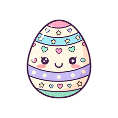 Cute Kawaii Easter Egg Character with Happy Face and Colorful Patterns. Vector Illustrations. EPS Editable
