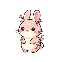 Obraz premium Cute Pink Bunny with Flowers Illustration. Vector Illustrations. EPS Editable