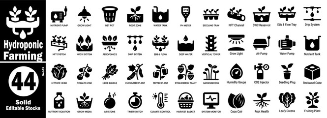 Obraz premium Hydroponic farming solid icons set. Greenhouse water culture aeration vector illustration.