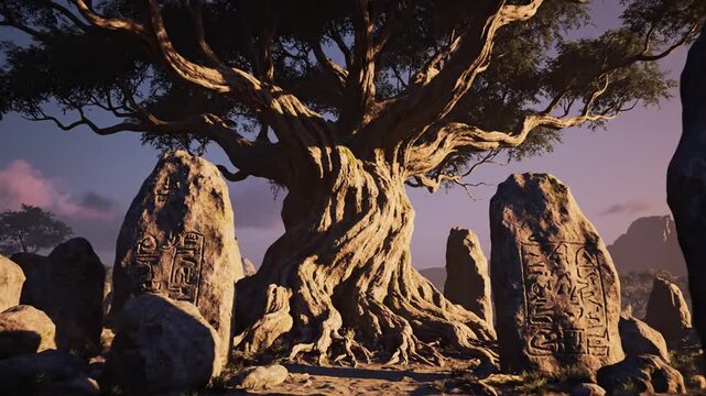 Ancient tree and standing stones in a dreamlike landscape at dusk