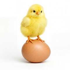 Obraz premium Motyw wielkanocny - mały, żółty kurczak stojący na jajku, na białym tle