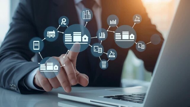Person touching digital screen with icons for logistics, data, and business strategy near a laptop
