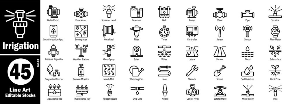 Irrigation line art icons set. Sprinkler system water pump agriculture vector illustration.