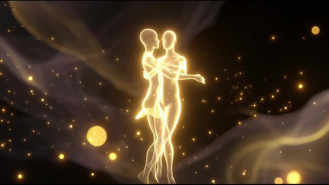 Dancing figures connected by light move together in a glowing space at night