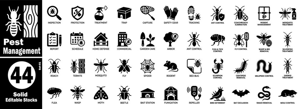 Pest management icons set. Residential and commercial protection vector illustration.