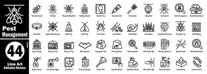 Line art pest management icons for exterminator services and safety vector illustration. © Hafiz