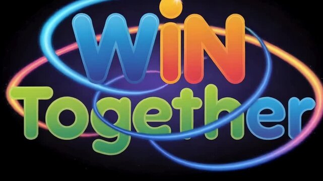 Teamwork inspired Win Together typography animation with bold interlocking letters in vibrant colors, symbolizing collaboration and unity