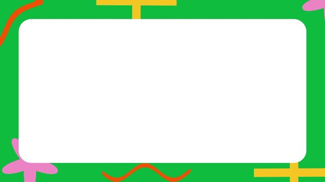 A vibrant green border is layered with colorful abstract shapes including pink plus signs and yellow crosses to create a lively and academic atmosphere perfect for a student or teacher name tag