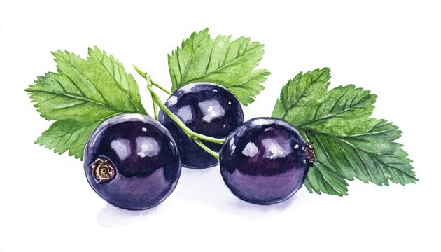 Fresh blackcurrant berries with green leaves displayed on a white background in a vibrant watercolor illustration