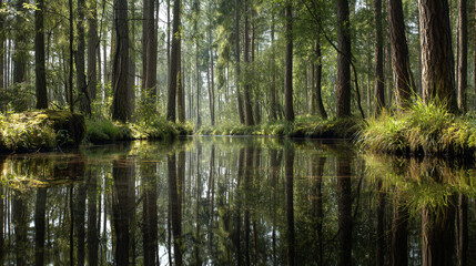 Obraz premium Bright Forest Stream Reflecting Green Trees with Sunlight