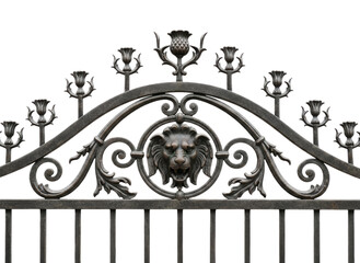 an ornate wrought iron gate featuring, Stylized Griffon Motif