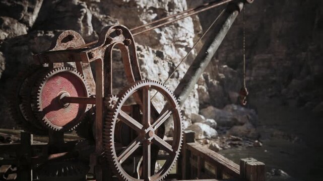 Rusty gears and a pulley system stand out against a rugged rocky background, capturing the essence of old mining operations during the evening light.