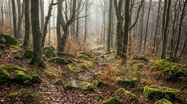 Interior de un bosque sereno con &aacute;rboles de troncos desnudos. El suelo est&aacute; cubierto de hojas secas marrones y numerosas rocas tapizadas de un intenso musgo verde.