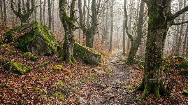 Interior de un bosque sereno con &aacute;rboles de troncos desnudos. El suelo est&aacute; cubierto de hojas secas marrones y numerosas rocas tapizadas de un intenso musgo verde.
