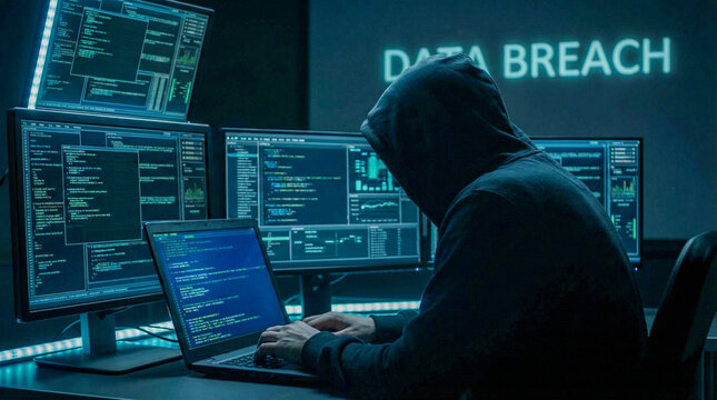 Anonymous hooded figure using laptop in dark environment. Cybersecurity, hacking and online threat concept with dramatic low-key lighting and copy space.