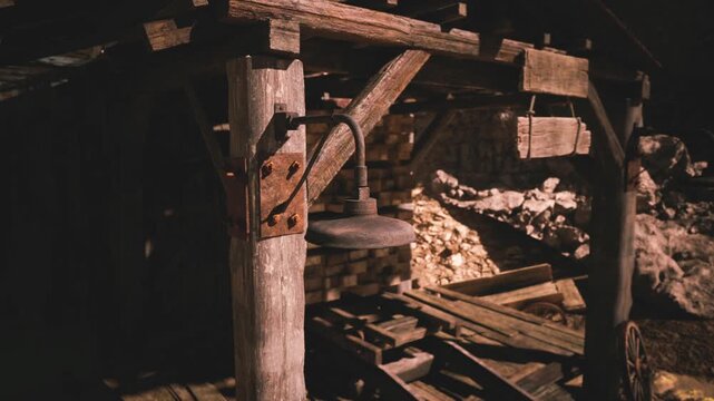 A rustic workshop showcases a hanging lamp suspended from a wooden beam, surrounded by stacks of lumber and stone walls, reflecting a bygone era of craftsmanship and utility.