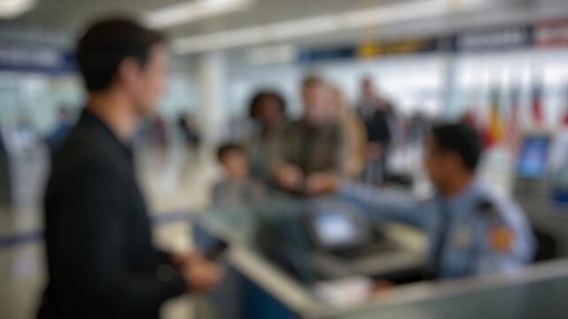 Blurred background of a male traveler handing his passport to a customs officer for an identity check at an international airport terminal, with other passengers waiting in line