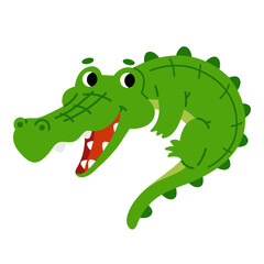 Obraz premium Cute happy crocodile character smiling. Flat kawaii green reptile illustration isolated on white background. Vector mascot for kids design animal projects and educational games