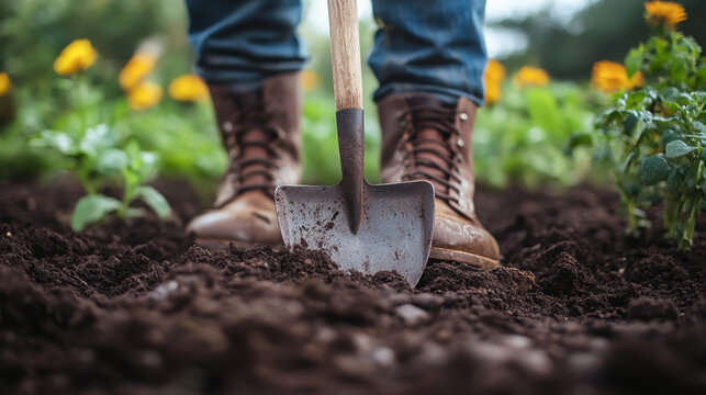 Gardener digging in the garden. Soil preparing for planting in spring.