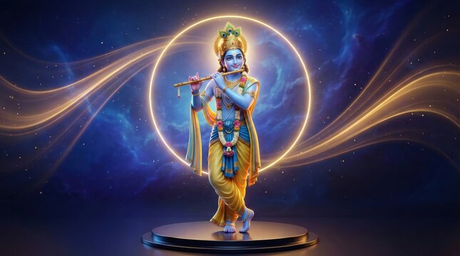 Krishna Royal Blue Cosmic Aura Background. Divine Golden Halo Spiritual Wallpaper Illustration
