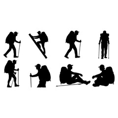 Hiker Vector Set Collection &ndash; Mountain Trekking and Camping Adventure Characters and Icons