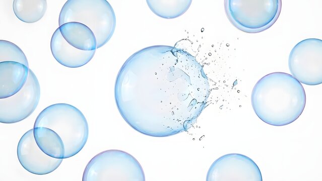 A dynamic composition of clear blue bubbles with one central bubble bursting in a refreshing water splash against a clean white background