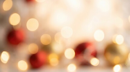 Obraz premium Blurred golden lights and warm bokeh create a festive background with hints of red and gold Christmas ornaments