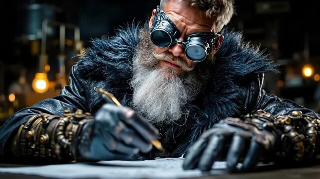 A man with a long white beard and a long beard wearing goggles writing on a piece of paper