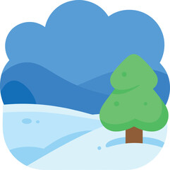 Obraz premium Cartoon winter scene with blue sky and lone evergreen tree on snowy hill