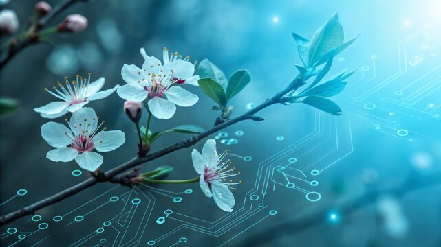 White Blossoms on Branch with Digital Elements and Blue Background in Spring Season