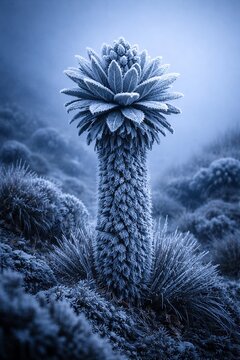 Frozen Frailejon in Paramo with Frost and Ice Crystals