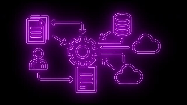 Neon purple line illustration of data processing and storage icons on a black background with a futuristic and technological mood.