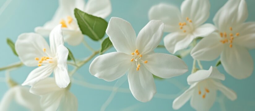 Delicate white jasmine flowers with bright yellow centers bloom softly against a light blue surface