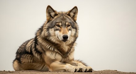 Majestic wolf rests on ground with watchful gaze against pale sky. © Oxfar