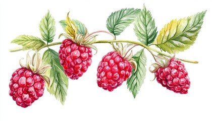 Vibrant watercolor illustration of fresh raspberries with green leaves on a branch creating a juicy and delicious fruit display