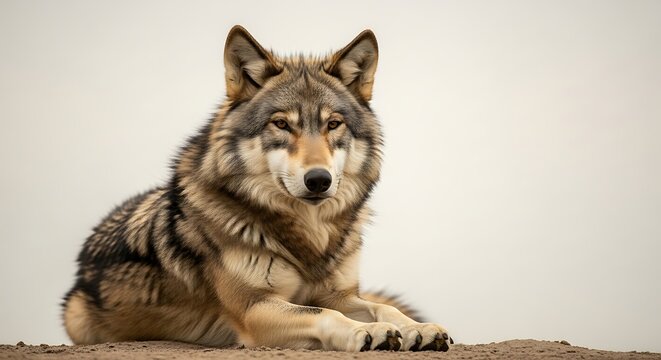 Majestic wolf rests on ground with watchful gaze against pale sky.