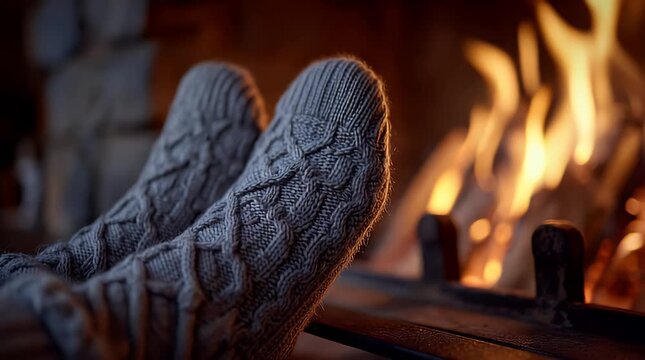 Cozy Feet in Patterned Wool Socks Warming by a Roaring Fireplace