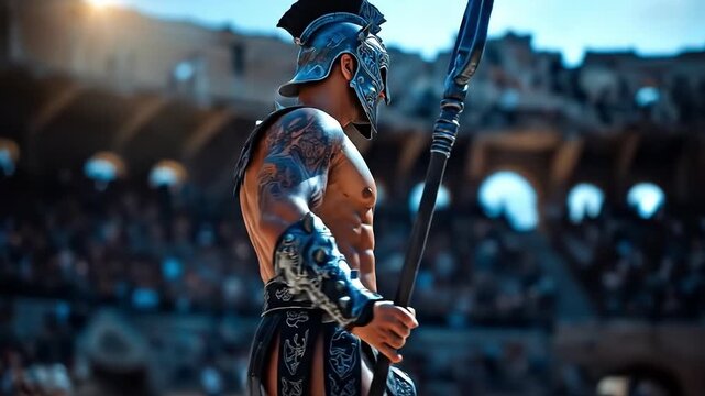 A shirtless man in a spartan costume holding a spear in front of a crowd