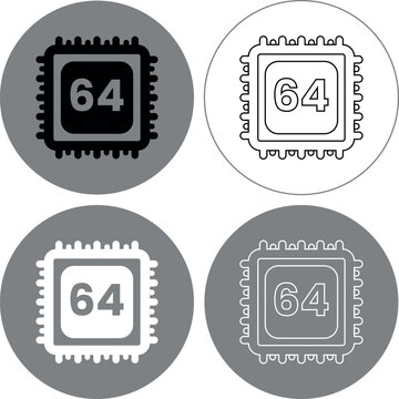 Computer 64 bit Processor-Microchip icon set, 4 variations. Includes microchip, circuit icons. Created in line style with black, white, gray color palette.