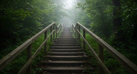 Fototapeta premium Wooden stairs ascend into a misty forest, framed by lush greenery and a hazy atmosphere